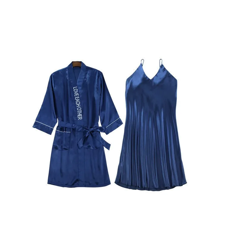 

M-2XL Solid Summer 5PCS Lady Robe Gown Set Bride Wedding Satin Bathrobe Sexy Backless V-Neck Loose Home Clothes With Belt