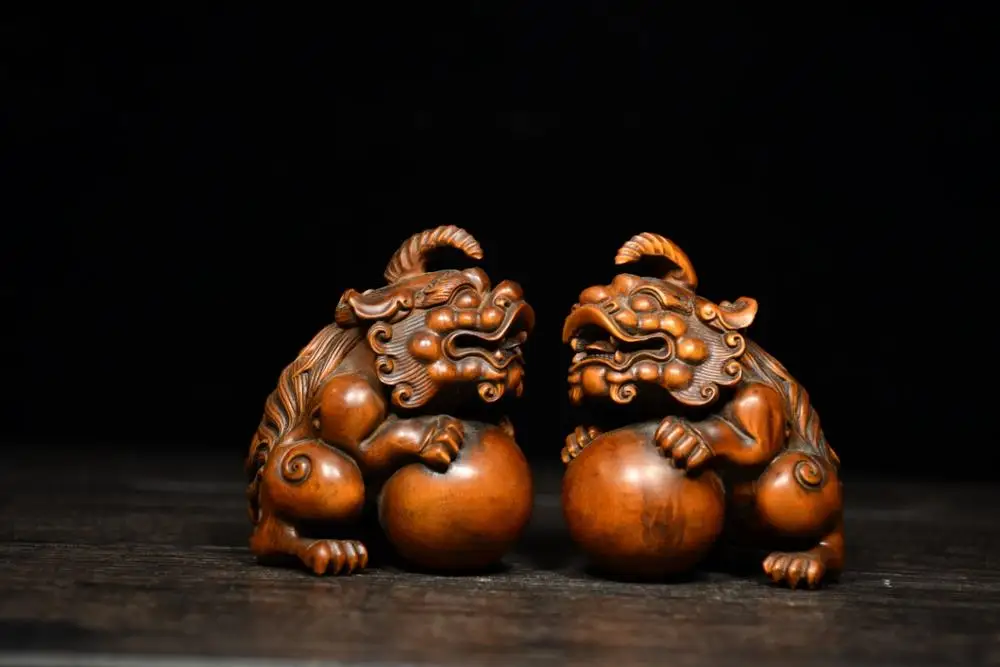 

Home Decor 3" China Collection Old Boxwood Unicorn statue Guardian lion statue A pair Ward off evil spirits Town House