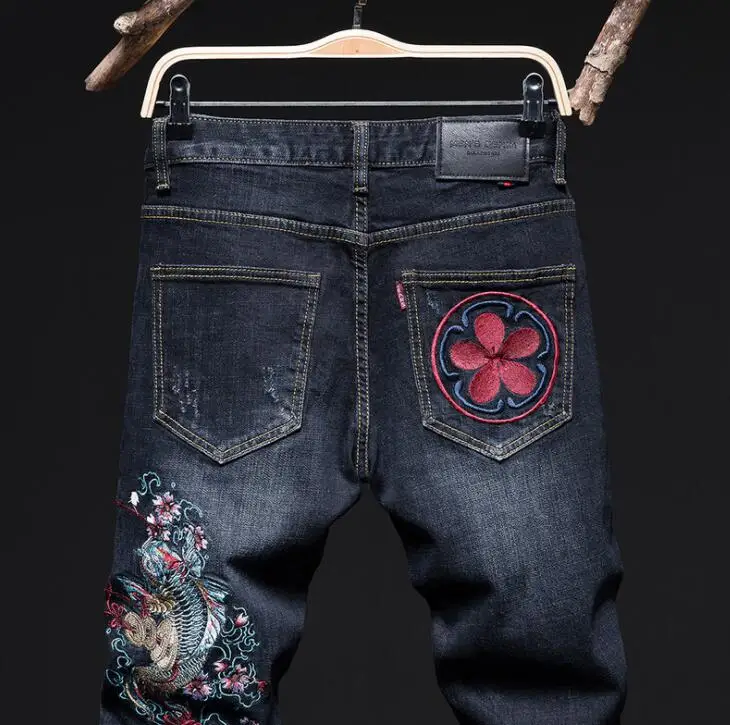 Mens jeans embroidered original design trousers new American style small straight stretch carp dark blue slim trendy pants