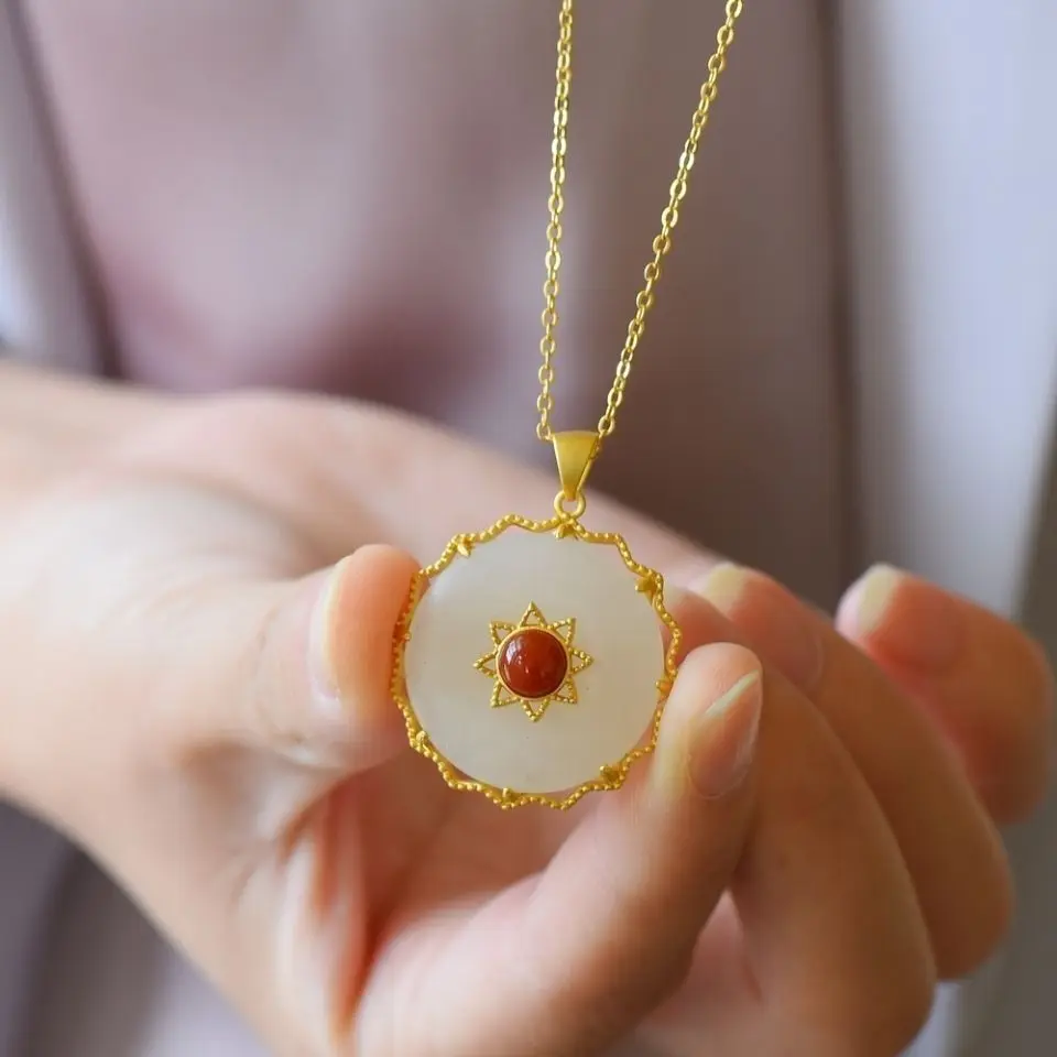 

Natural Hetian jade Round Pendant Necklace China's Retro palace style ancient gold craft charm women's silver jewelry