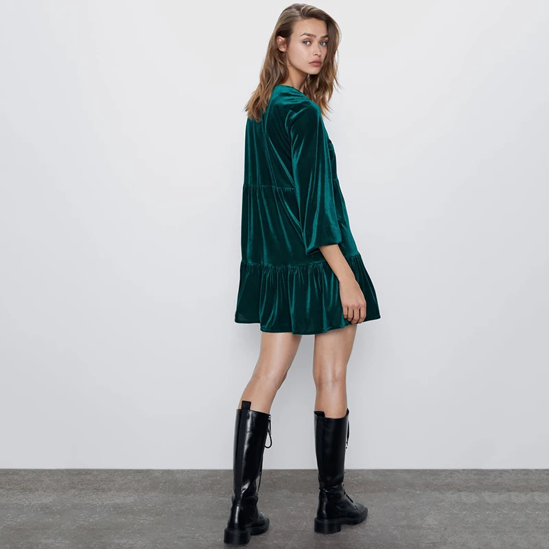 Женское бархатное платье рубашка ZA темно зеленое Свободное с v образным вырезом