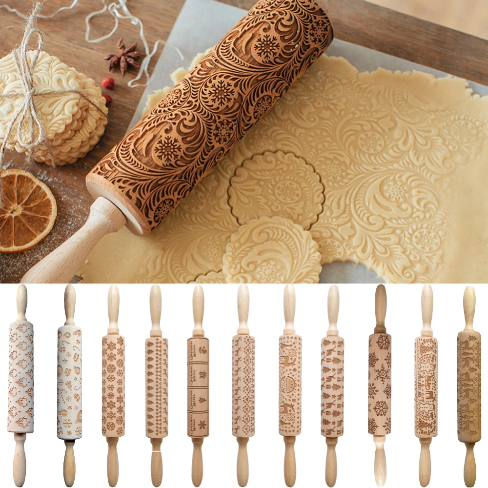 

Christmas Wood Elk Print Embossed Rolling Pins Embossing Baking Noodle Cookies Kitchen Tool Reindeer Snowflake Cake Decorating