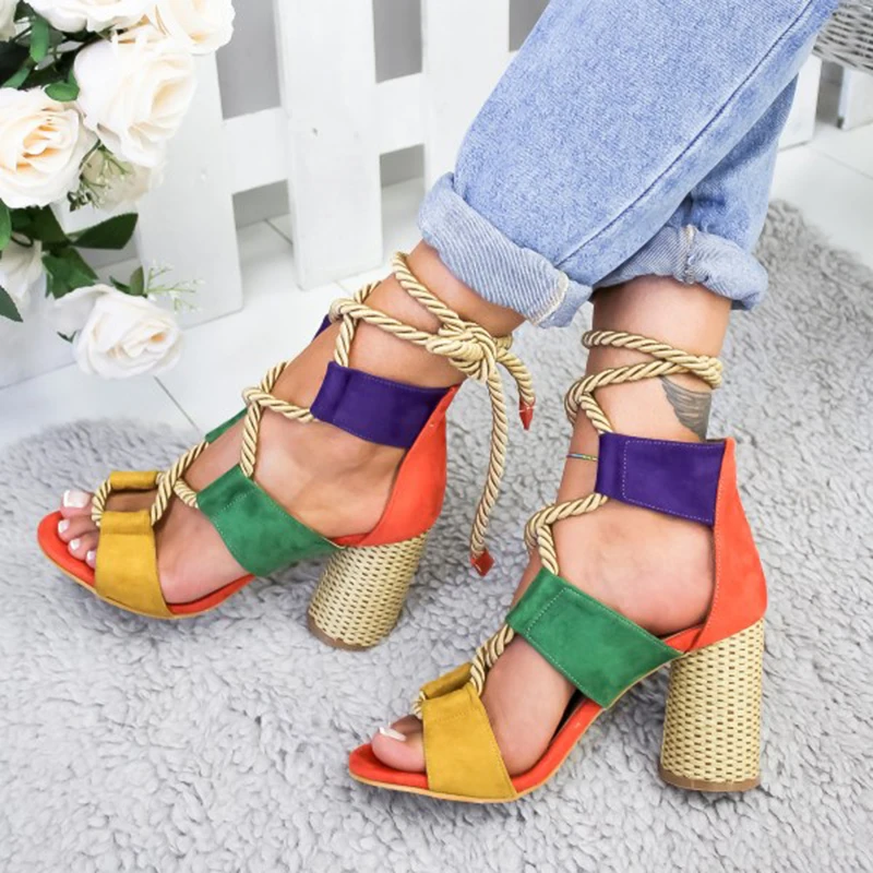 New Women Sandals Shoes Mixed Colors Lace-Up Flock Shallow Round Heels 7CM Thick High Casual Female Pumps Plus Size | Обувь