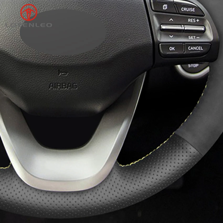 

LQTENLEO Black Genuine Leather Suede DIY Hand Sewing Car Steering Wheel Cover For Hyundai Kona 2017-2019 Encino 2017-2019