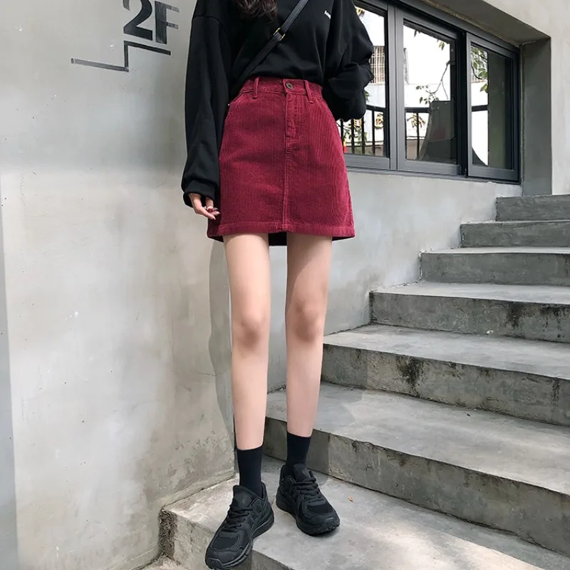 

New Korean version of retro corduroy high waist A-line skirt casual all-match bag hip skirt skirts womens 2021