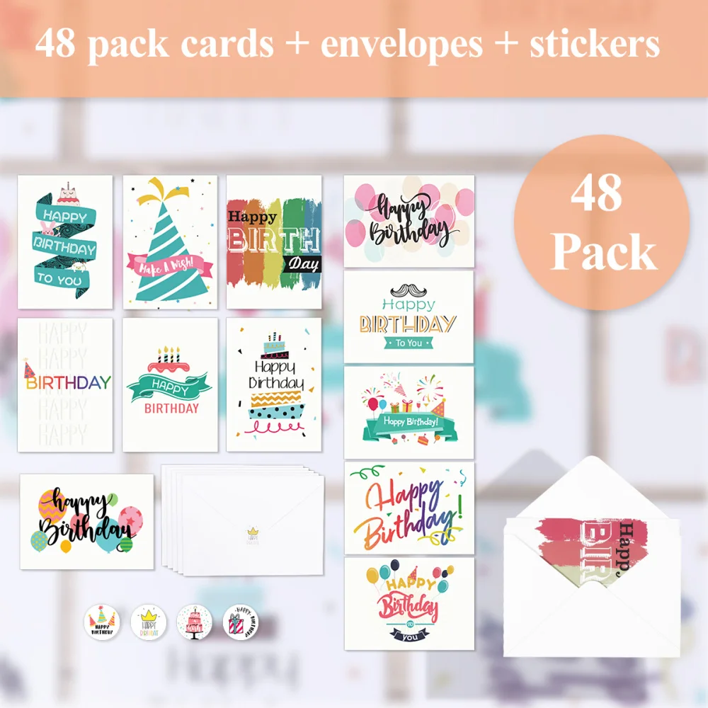 

Partykindom 48PCS Birthday Cards With 48PCS Envelopes 48PCS Stickers