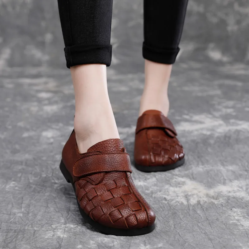 

Retro Genuine Leather Casual Mother Shoes Flats Original 2021 Autumn Winter Women Flats New Woven Cowhide Soft Lady Loafer Shoes