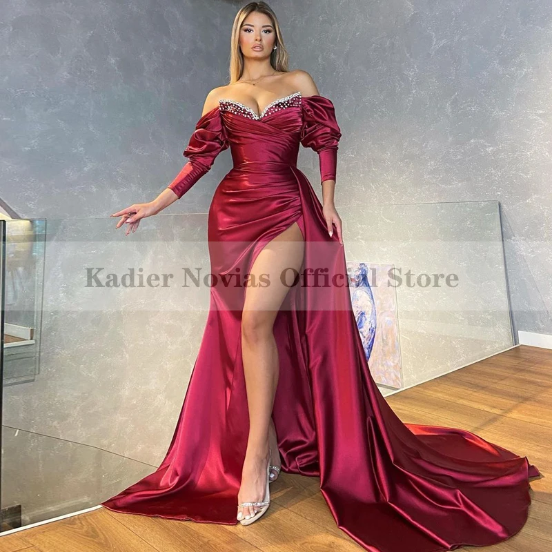 

Kadier Novias официальное вечернее платье с длинным рукавом в арабском стиле бордового цвета с юбкой-годе 2022 с разрезом женское вечернее платье