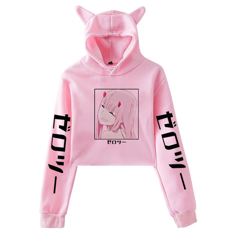 

Укороченная толстовка с рисунком аниме Zero Two 002, Женская толстовка с капюшоном, пуловер, модная Милая Короткая уличная одежда с кошачьими ушк...