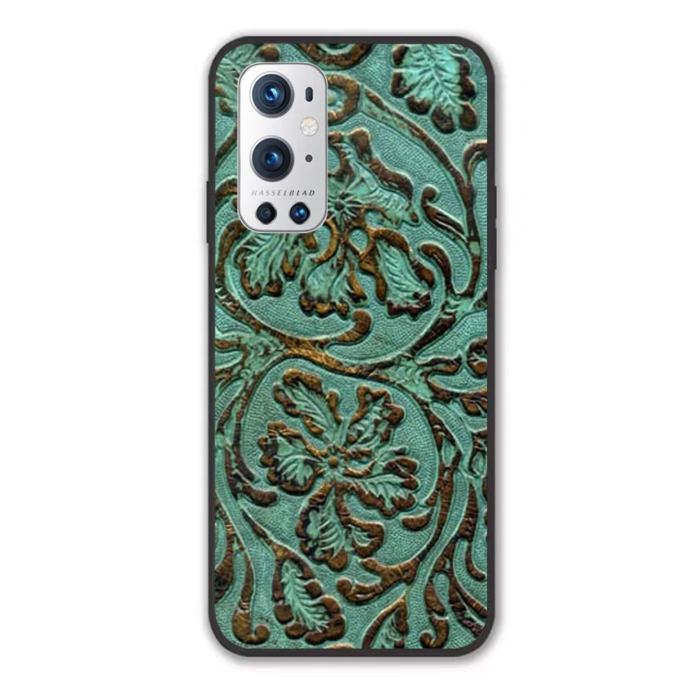 

For OnePlus Aqua Flowers Tooled Leather Pattern Soft TPU Border OnePlus 7 7T 7Pro 8 8T 8Pro 9 9Pro Case