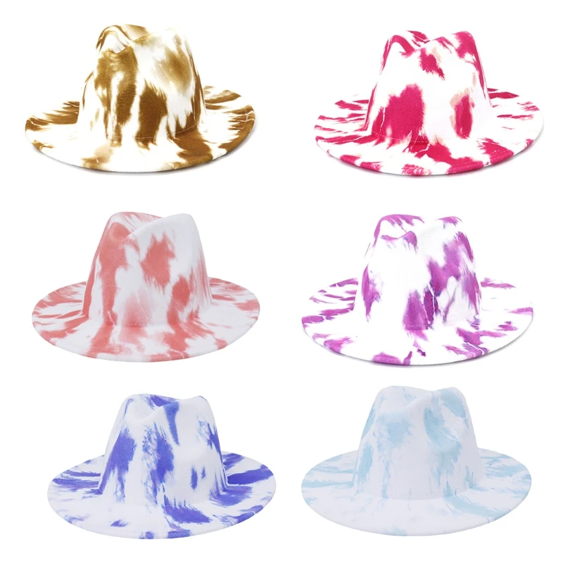 

Retro Jazz Hat Color Block Printing Big Brim Hat for Juvenile Youth Middle Aged