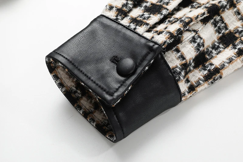 

[EAM] Loose Fit Black Pu Leather Plaid Big Size Woolen Coat Parkas New Long Sleeve Women Fashion Tide Autumn Winter 2021 1DC604