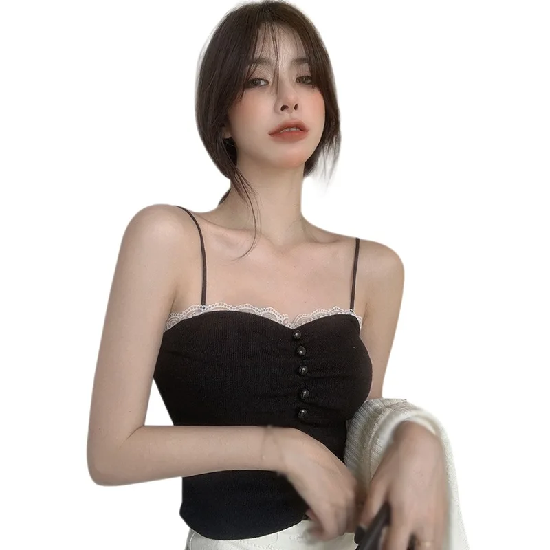 

Daxin Women's Solid Color Lace Vest Summer Sexy Slim Female Crop Top Ladies Shirt Exposed Navel Knitted Camisole Tank Top