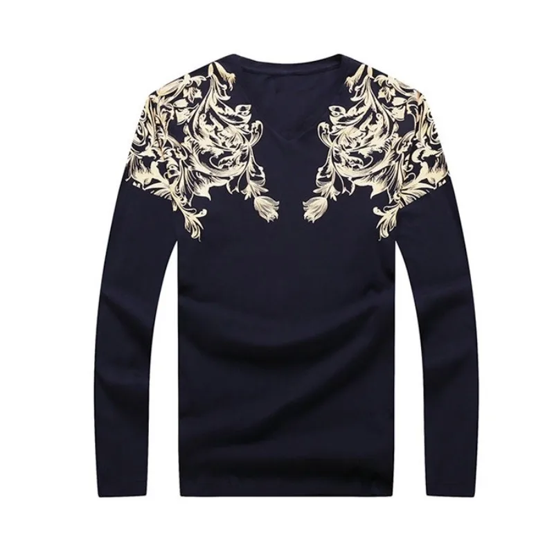 Cotton Big Size 7XL Casual T-shirts Men Long Sleeve Printed Flower Design Loose Fit V-neck T-Shirt Mens Tops Streetwear Clothing | Мужская