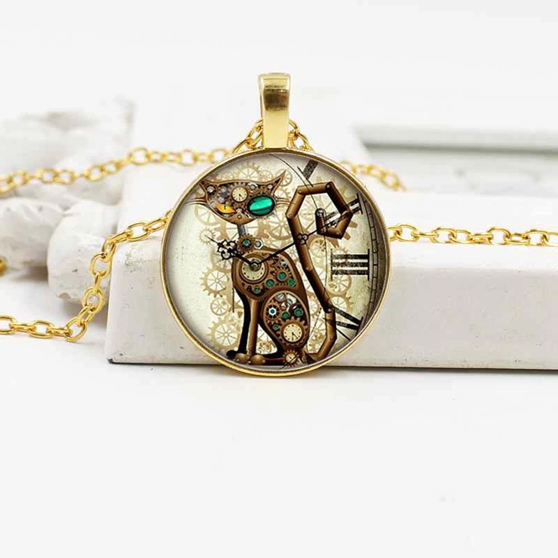 Новая мода стимпанк кошка кулон часы Подвеска Ожерелье из стекла ювелирные