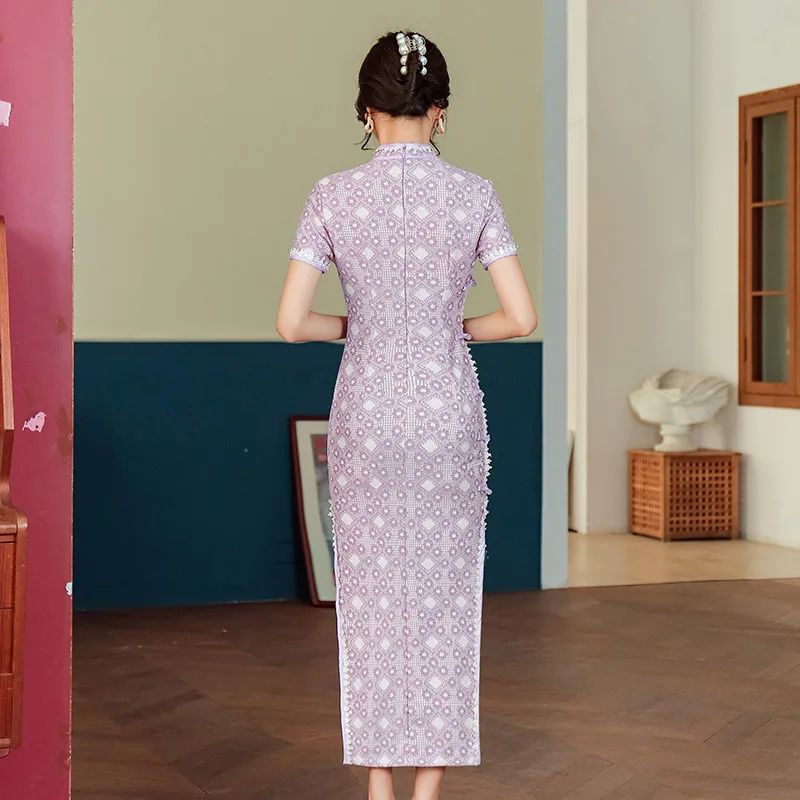 

Chinese Traditional Style Lace Trim Cheongsam Elegant Women's Qipao Mandarin Collar Sexy Lace Long Dress Qipao