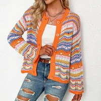 elegant rainbow colored long sleeve knit cardigan women autumn hollow out oversized sweater female indie ethnic style knitwear