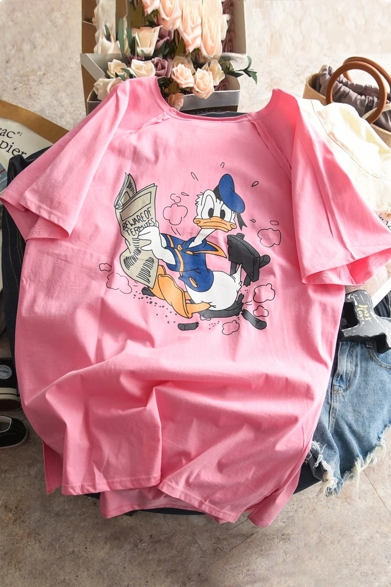 

Disney Donald Duck Women's Printed T-shirt O-Neck Loose Casual Korean Clothes Kawaii Womens Long Sleeve Tops Harajuku Clothing