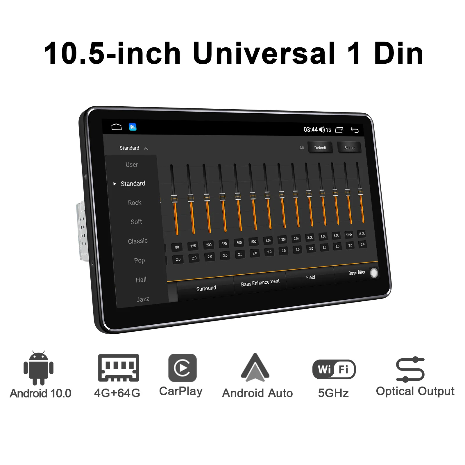 구매 10.5 인치 IPS 안드로이드 10 카 라디오 스테레오 유니버설 1 딘 오토라디오 헤드 유닛 멀티미디어 플레이어 무선 카플레이 리버스 카메라, Android 10 카플레이