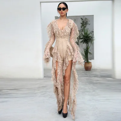 Sexy Deep V Ruffles Long Sleeve Female Elegant High Split See Through Jumpsuit | Женская одежда