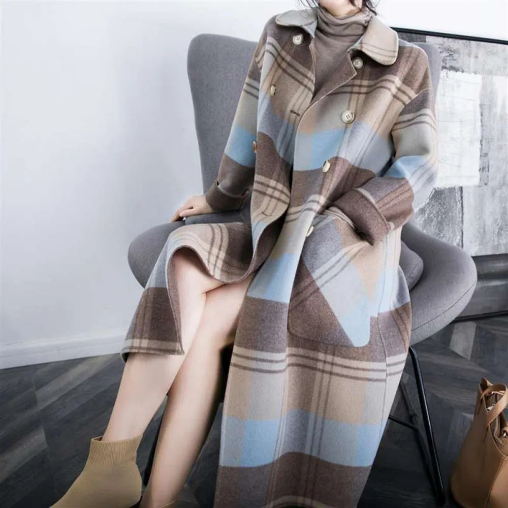 

Women's Plaid Woolen Coat Mid-length Winter New Style Over-the-knee Double-breasted Large Pockets Loose Overcoat Jacket Long
