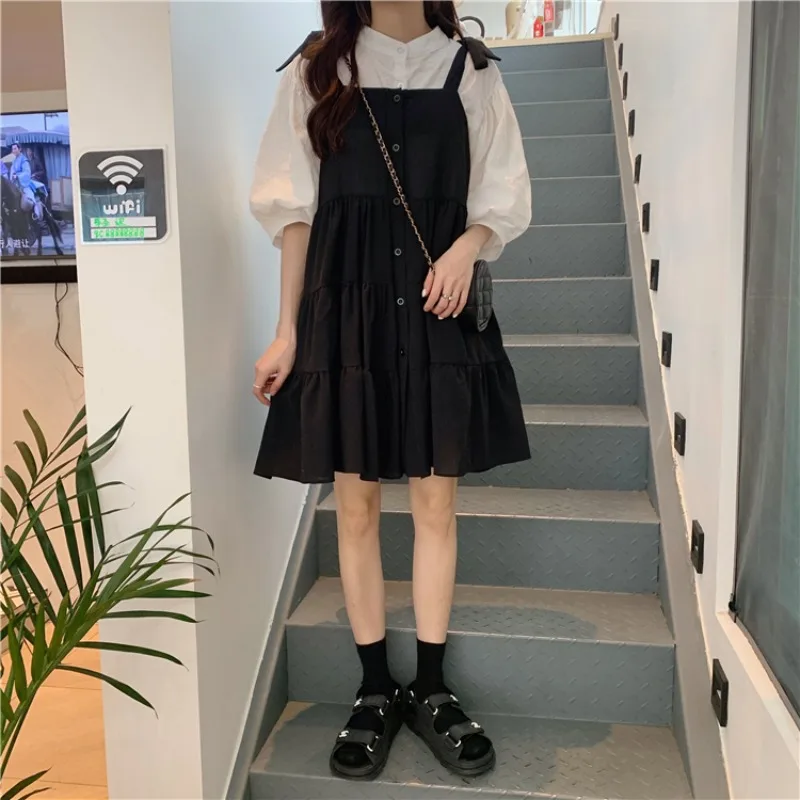 

Summer 2021 New Korean Style Long-Sleeved Shirt + Strap Dress Elegant Salty Sweet Two-Piece Suit for Women