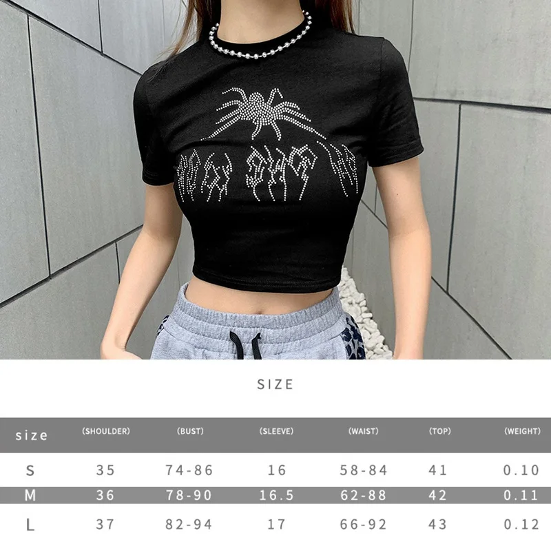 

Women Summer Short Sleeve Tshirt Black Casual Crop Tops Fashion Drill Rhinestone Print T-Shirt Navel Slim Club Female Streetwear