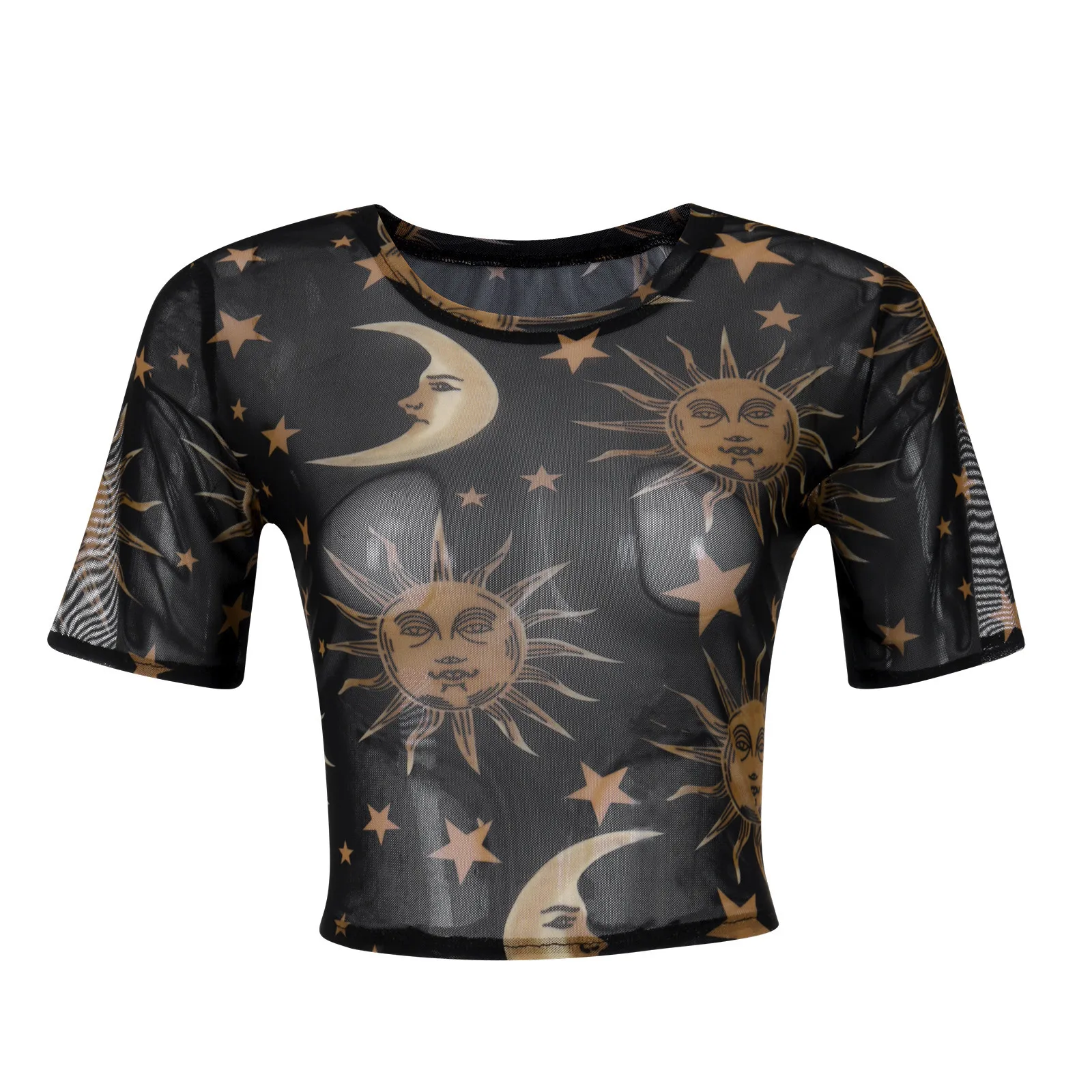 

Plus Size Tops Women's Sun Moon Printed Sheer Mesh Short Sleeve T-shirt Ladies Casual Vest Round Neck Top