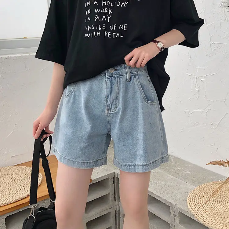 

Wide Leg Denim Shorts women loose summer New Retro High Waist slim Korean students versatile straight hot pants