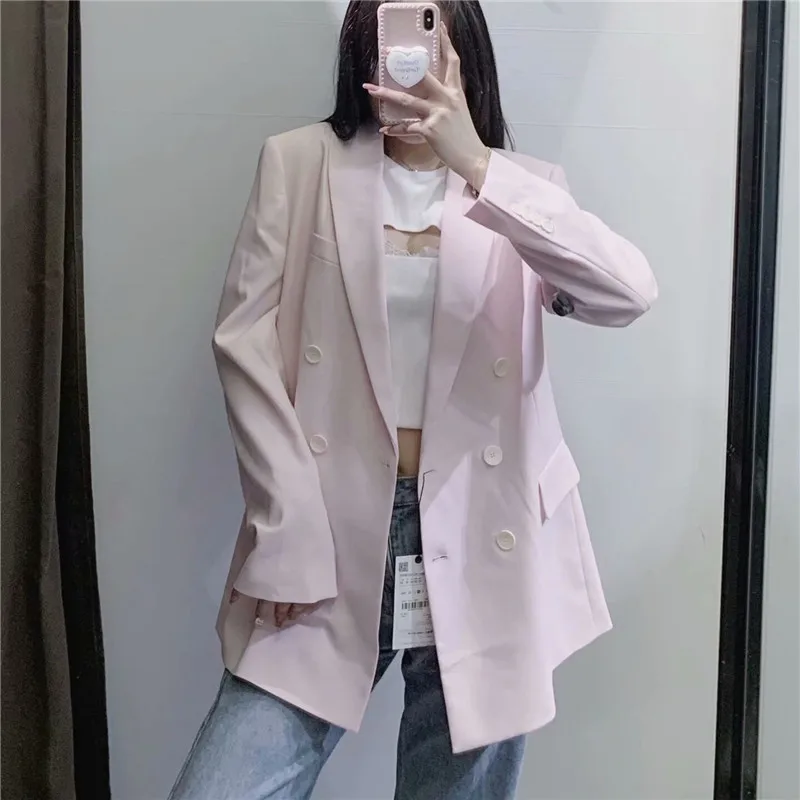 

Pink Za Blazer 2021 Women Long Sleeve Double Breasted Button Vintage Blazers Coat Feminine Chic False Welt Pocket Outerwear Top