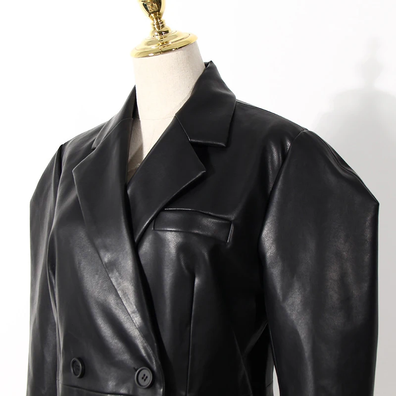

Black PU Women Leather Double Breasted Blazer New Lapel Puff Sleeve Loose Fit Jacket Fashion Spring Autumn 2021 1DD3147