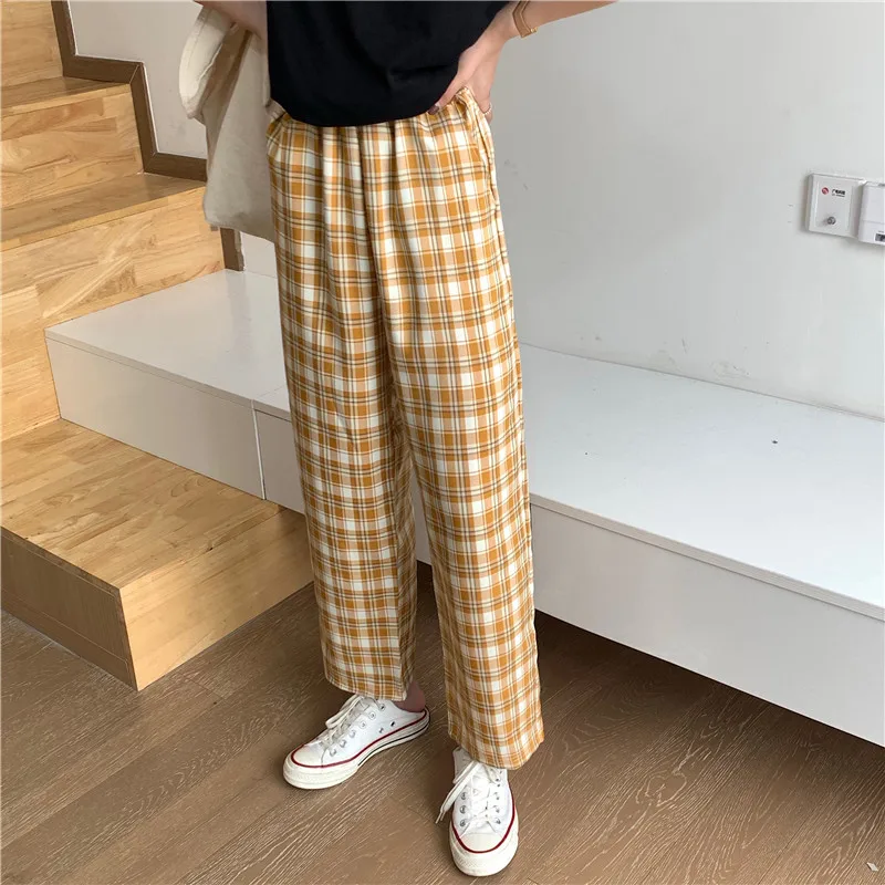 Женские свободные прямые повседневные длинные брюки в клетку эластичные узкие с