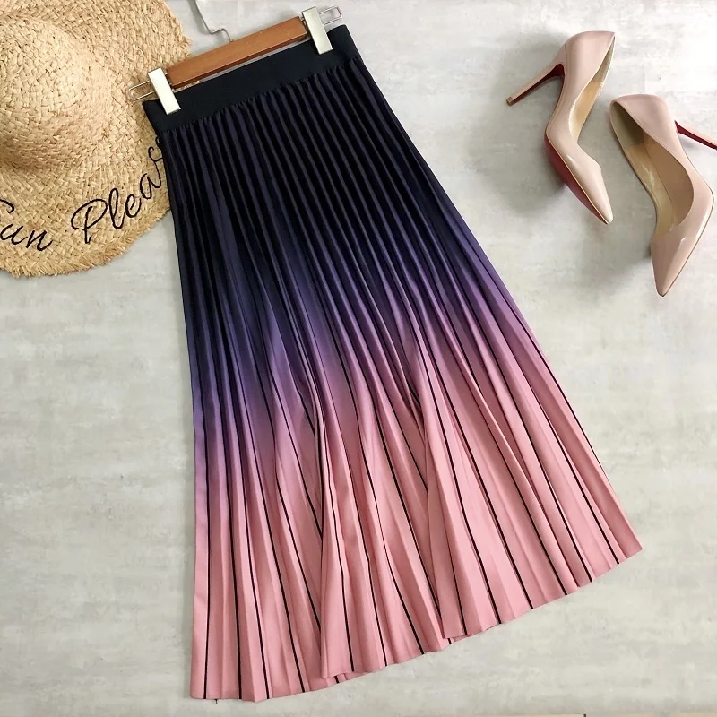

Women Midi Skirts Gradient Color Striped Printing Pink Long Skirt High Waist Korean Casual Style A-line Girls Daily Outwear