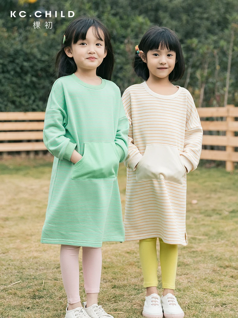 KC./детское хлопковое платье-свитер в полоску с карманом для девочек платье