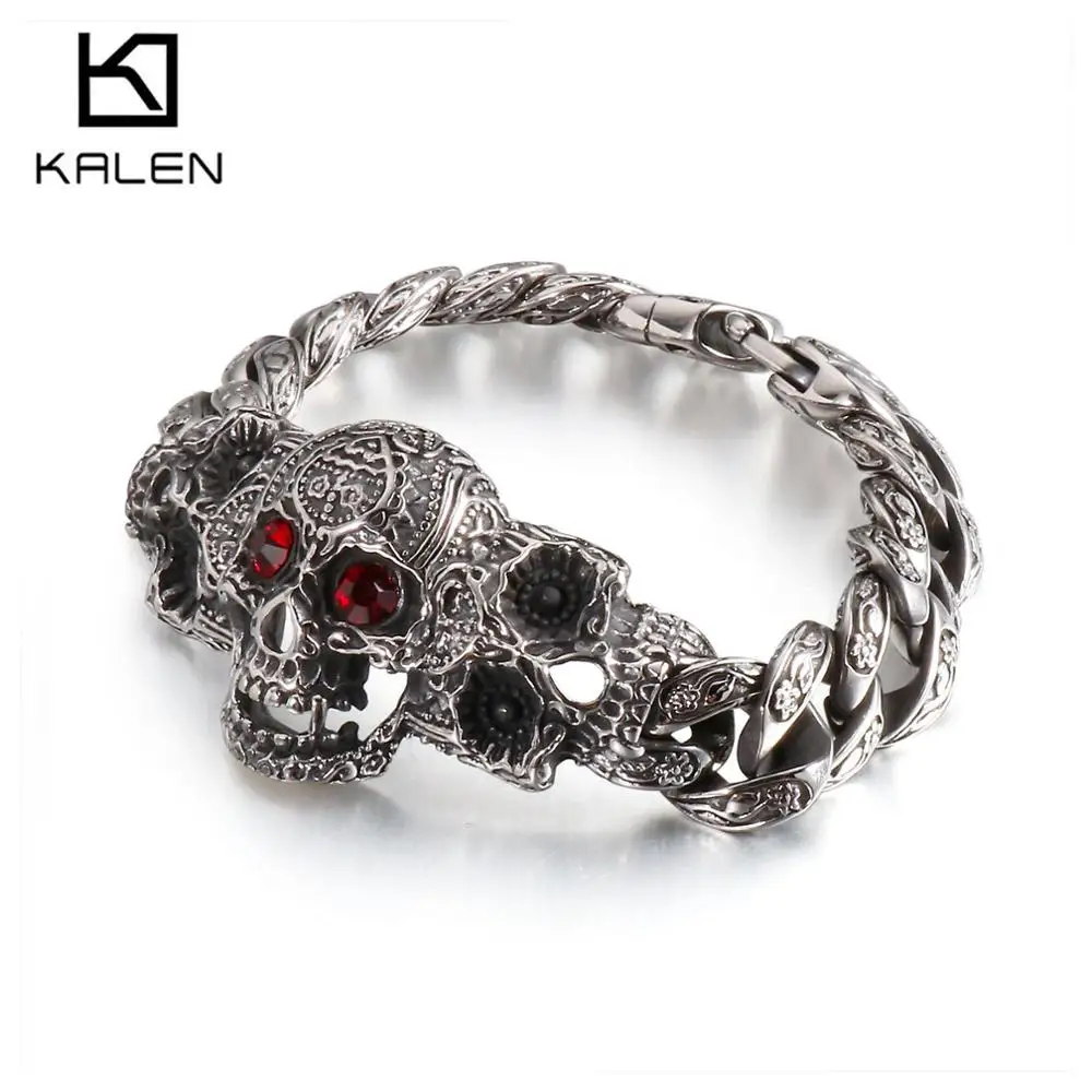 

15mm Red Eye Skull Bracelet Men Male Stainless Steel 316L Cuban Link Chain Bracelets