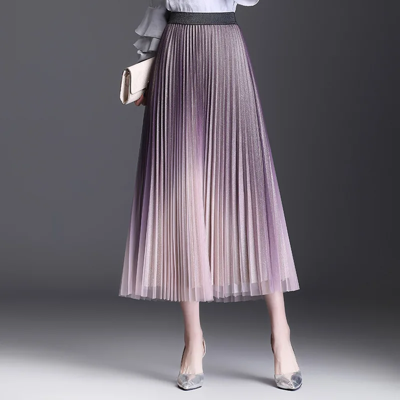 

Женская плиссированная юбка, Повседневная Свободная юбка из яркого шелка, с высокой талией и градиентом, Осень-зима 2021