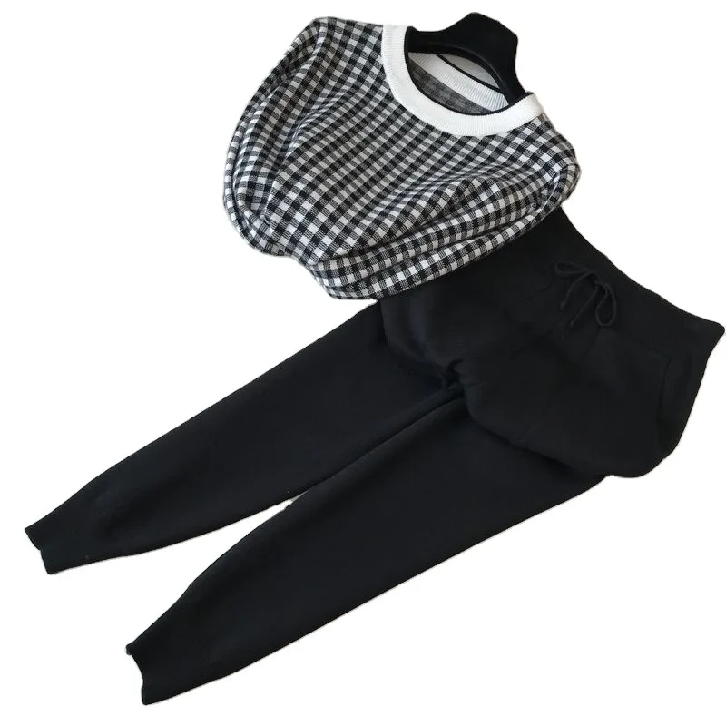 

Retro Houndstooth Pullover Sweater Casual Pants Female 2021 Spring New Female Knit Two-piece Sweater Set Outfits