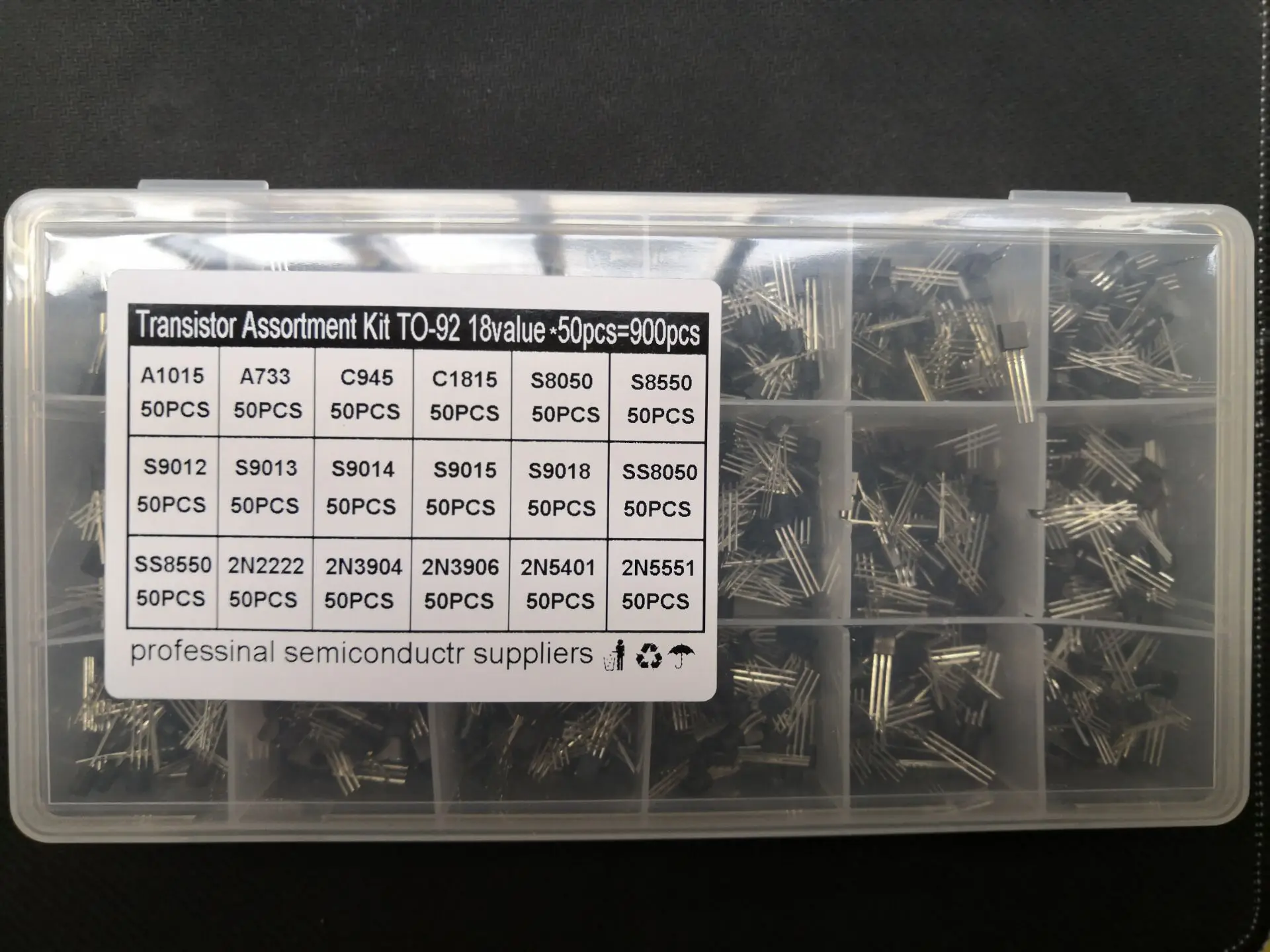 

900pc Transistor Kit Box 2N2222A 3904 3906 5401 5551 S9012/9013/9014/9015/9018 SS8050/8550 C945/1815 S8050/8550 A1015/733 Assort