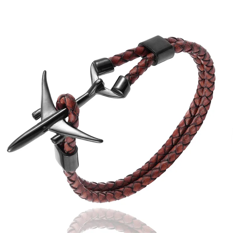 Black Coffee MKENDN Hot Sale Stainless Steel Airplane Anchor Bracelets Men Women Genuine Multilayer Leather Bracelet Freestyle Homme Jewelry - Окраска металла: Black Coffee