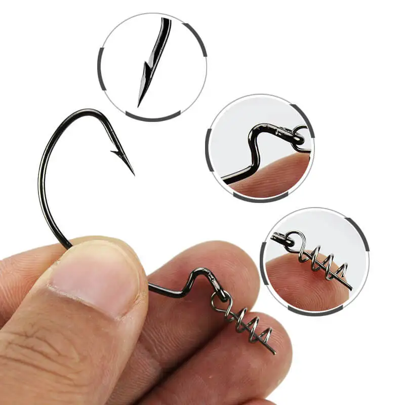 

51/Pack Fishing Hooks with Centering Spring Pin High Carbon Steel Worm Soft Bait Jig Fish Hooks with Plastic Box Black Red