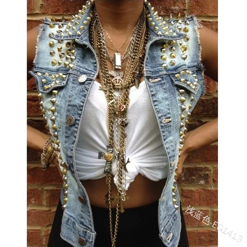 Джинсовое платье майка Для женщин на весну в стиле панк с заклепками отложной