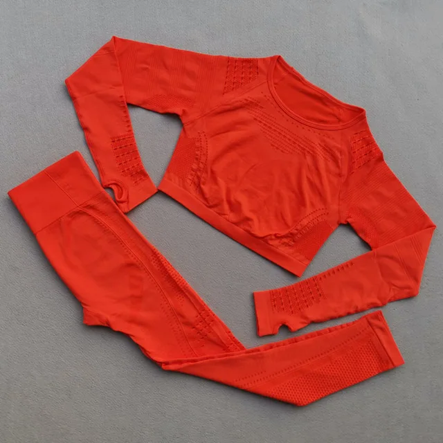 Orange 2pcs set 2 шт./набор, бесшовный Женский спортивный костюм с эффектом омбре, одежда для тренажерного зала, тренировочная одежда с длинным рукавом, укороченный топ для фитнеса и резинки на попе, леггинсы, комплект для йоги - Цвет: Orange 2pcs set
