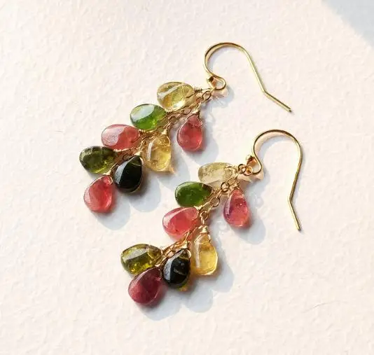 

Женские Висячие серьги с радужным турмалином, позолоченные серьги 14 карат, ювелирные изделия ручной работы с натуральным драгоценным камнем, подарок для девушки