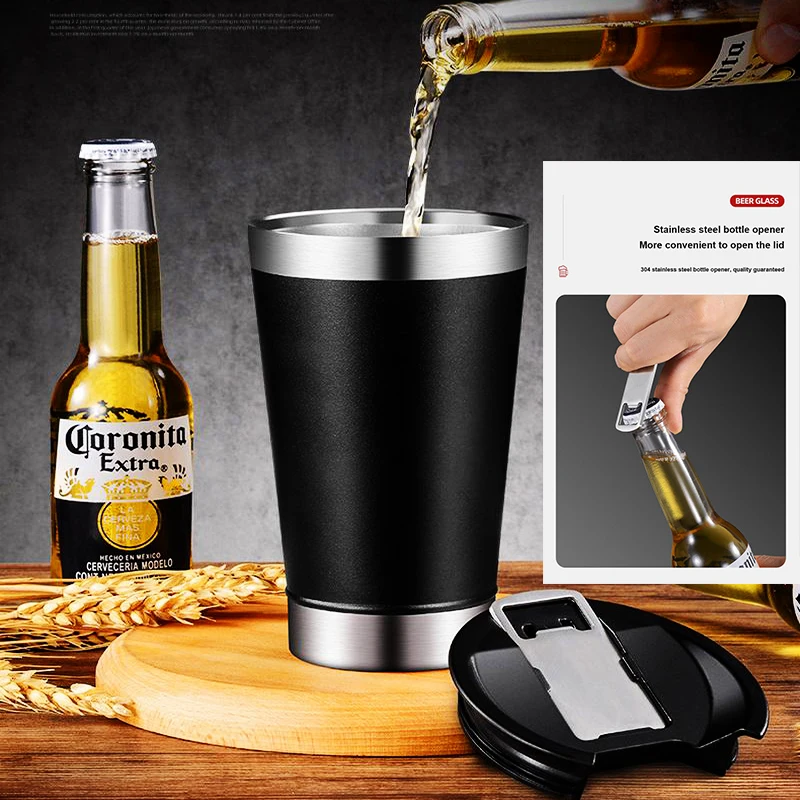 

473ml Beer Cups Thermal Cup With Bottle Opener Lid Stainless Steel Thermos Bottle for Tea Thermal Cups for Cold Beer