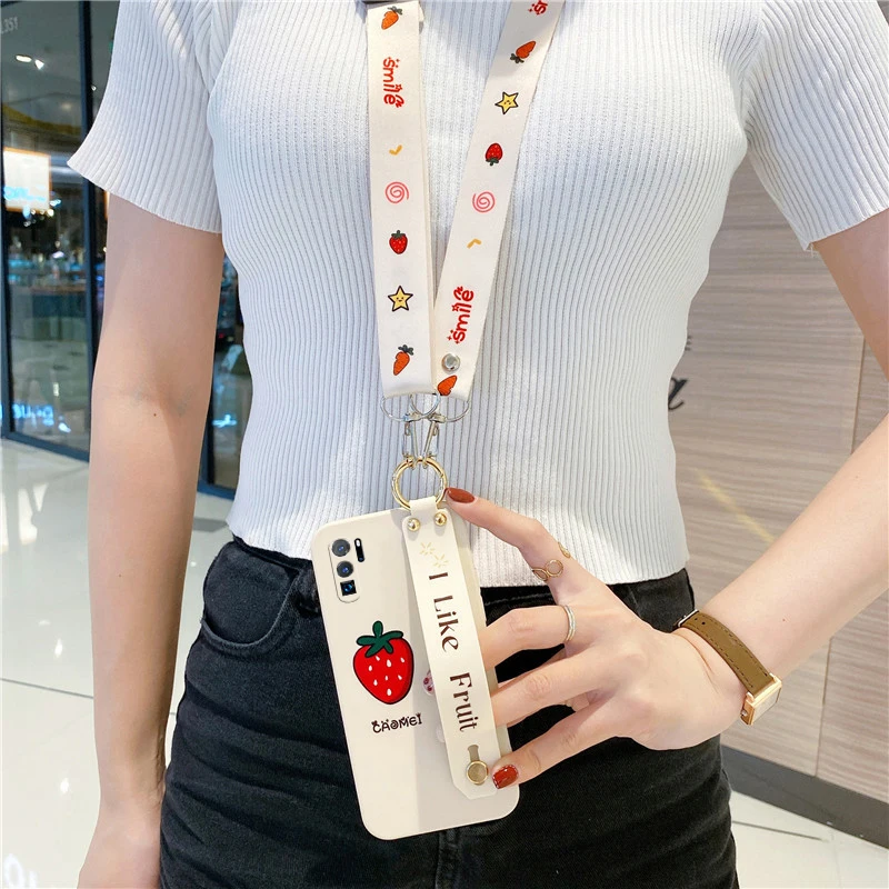 phone holder case for huawei p30 p40 mate 20 30 pro honor 8x 9x fruit square side cartoon soft tpu neck wrist strap lanyard case free global shipping