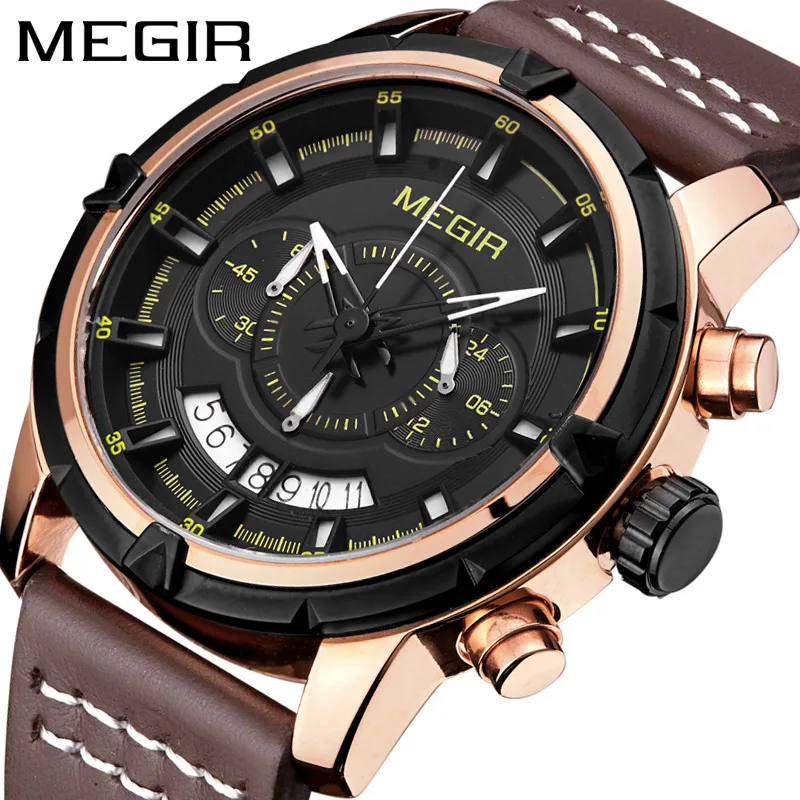 

MEGIR New Luxury Calendar Business Waterproof Luminous Multifunctional Chronograph Waterproof Belt Quartz Men's Watches 2047G