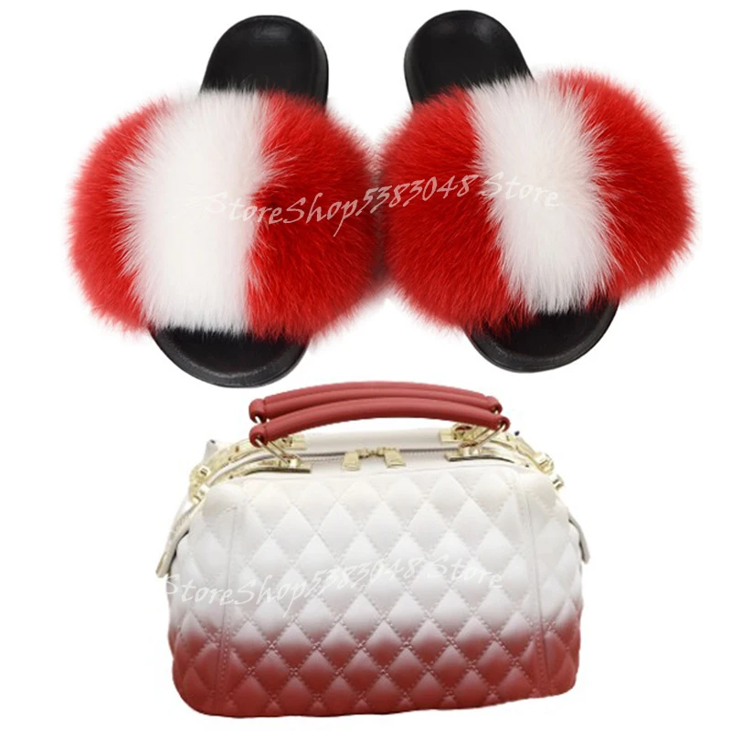 

Slides Women Furry Fox Fur Slippers Home Flat Comfort Female Sandals Mixed Color Jelly Handbag Fashion Chain Jelly Purse Set