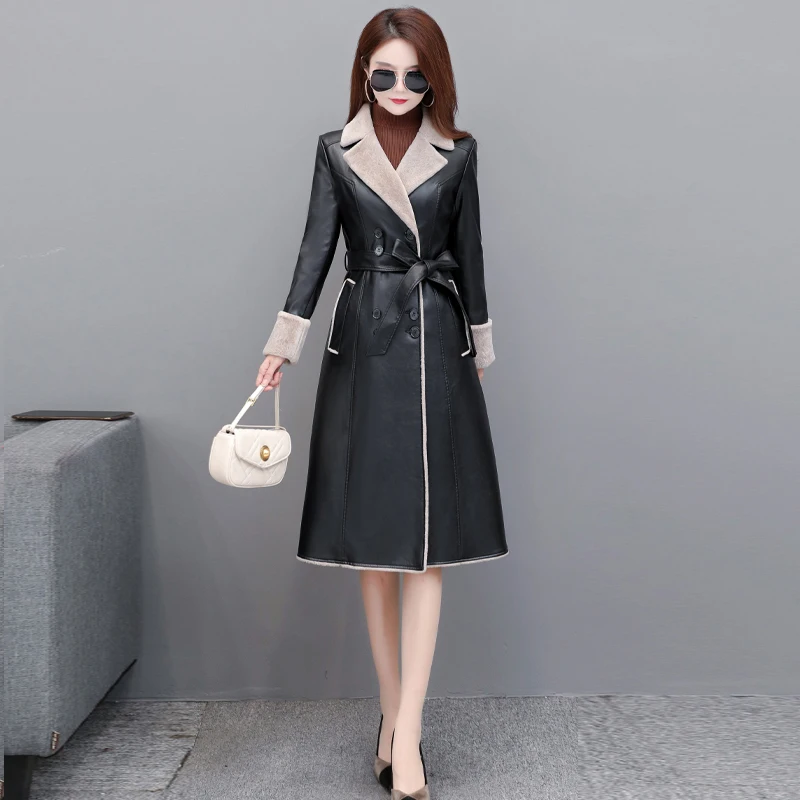 Women Long Leather Overcoat Winter 2022 Fashion Lamb Fur Thicken Warm Tops Coat Lacing Belt Slim Sheepskin Outerwear Female