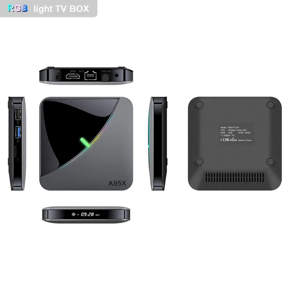 A95X F3 Air 8K RGB светильник ТВ приставка Android 9 0 Amlogic S905X3 4 Гб 64 двойной Wifi 4K 60fps Netflix Youtube