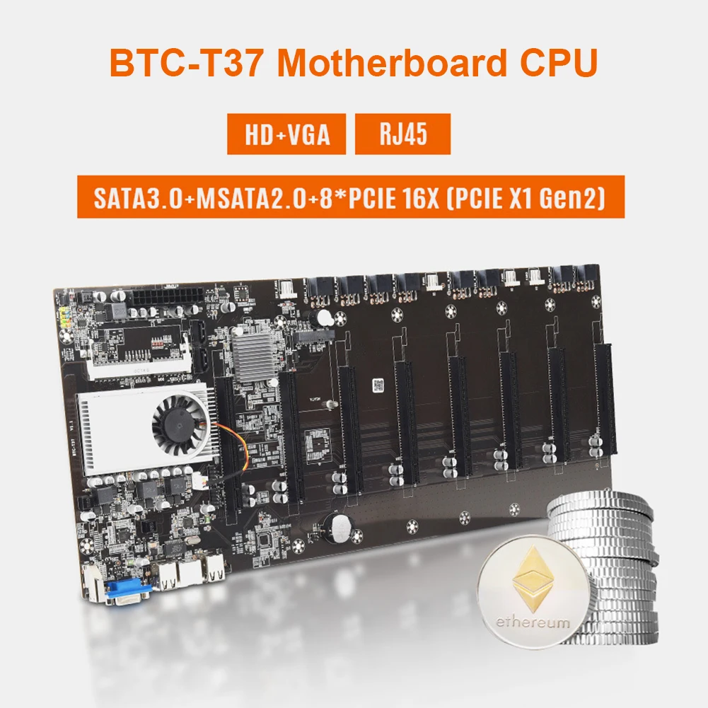 

BTC-T37 575mm Desktop Computer Mining Motherboard 8x PCI Express 16X DDR3 SODIMM Miner Board with CPU 128G MSATA 8 Pin Adapter